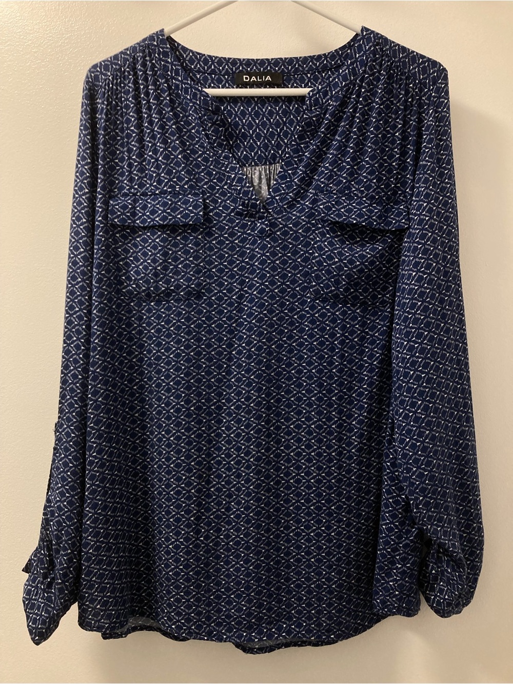 Dalia Navy Geometric Roll-Tab Blouse Size L